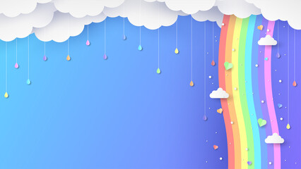 Illustration of rainbows and clouds in the sky. Graphic design for Rainbow. flying hearts. Paper cut and craft styles. vector, illustration.