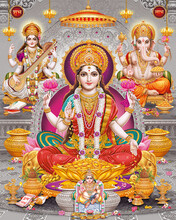 Lord Laxmi, Lord Ganesha, Lord Saraswati And Lord Kuber, Giver Of Wealth With Colorful Background Wallpaper , Diwali Pooja Poster 