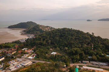 The replica of Phra That In-Kwaen (Hanging Golden Rock) with Sunset background, Sirey temple, Phuket, Thailand.