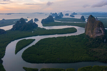Wall Mural - aerial drone footage flying over mangroves and lush rainforest in phangnga bay thailand the view is 