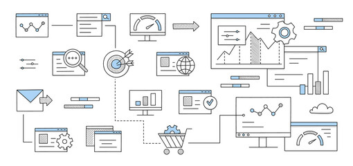 Wall Mural - seo, search engine optimization infographic with icons of internet marketing, digital content analys
