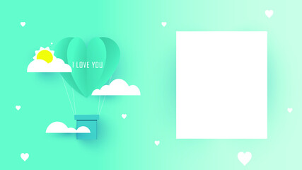 Valentines day greetings card with balloons flying with clouds vector.Heart hot air balloon flying.Love background.Cute paper cut design.posters,rainbow,gift box.Paper cut style.Space for your text.