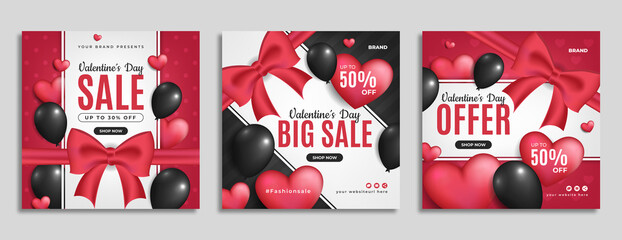 Wall Mural - valentine's day sale promotion social media banner post template design with ribbon, heart or love b