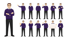 Handsome Business Man In Casual Clothes Standing In Different Poses Set Isolated Vector Illustration
