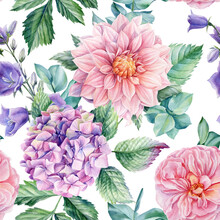 Hydrangea, Lily, Roses And Dahlia, Watercolor Botanical Illustration. Seamless Pattern Summer Vintage Floral. 