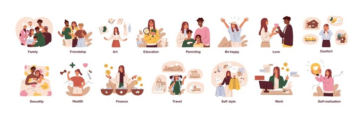 Basic human needs and essentials. Psychology concept of life areas development. Happy people, their pleasures and self-realization in work, love. Flat vector illustration isolated on white background