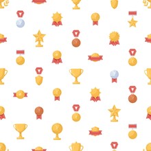Seamless Medals And Winner Cups Pattern. Endless Background With Gold Sports Trophies, Prizes And Awards Print. Repeating Backdrop With Golden, Silver, Bronze Rewards. Colored Flat Vector Illustration