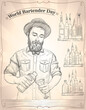 World bartender day card, hand drawn graphic illustration with male barmen