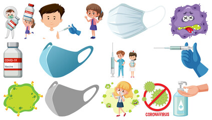 Wall Mural - Cartoon character and Coronavirus vaccination isolated objects