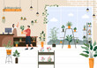 © denayune - Flowers Store and Plants Shop with Florists Care, Organic Natural Products for Home Garden Green Decoration in Flat Background Vector Illustration