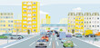 Großstadt mit Straßenverkehr und öffentlichen Verkehrsmitteln, Illustration