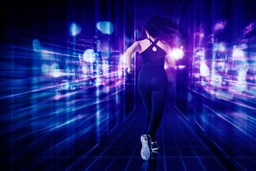 Woman wears sportswear while runs in metaverse