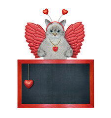 Wall Mural - An ashen cat angel with wings is near a blank blackboard. White background. Isolated.