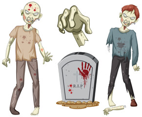 Wall Mural - Creepy zombie character and gravestone on white background