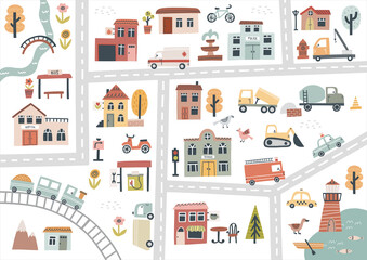 Cute town map. Hand drawn vector illustration for nursery