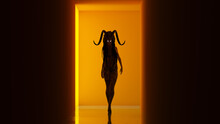 Witch Doctor Walking Woman Witchcraft Demon Halloween Orange Corridor Head Dress Horns 3d Illustration Render