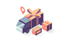 Illustration Of Truck Delivering Package With Wrapped Gift Box In Isometric