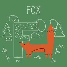 Vector Flat Illustration For Children's Alphabet. The Letter F And Fox In The Background.