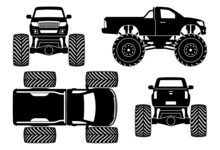 Monster Truck Silhouette On White Background. Bigfoot Car Monochrome Icons Set View From Side, Front, Back, And Top