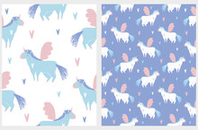 Cute Nursery Seamless Vector Patterns With Funny Hand Drawn Unicorn With Pink Wings And Blue Tail Isolated On A White And Violet Background. Magic Party Repeatable Print For Fabric, Wrapping Paper.