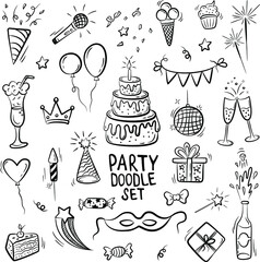 Birthday party doodle set. Vector isolated hand drawn elements