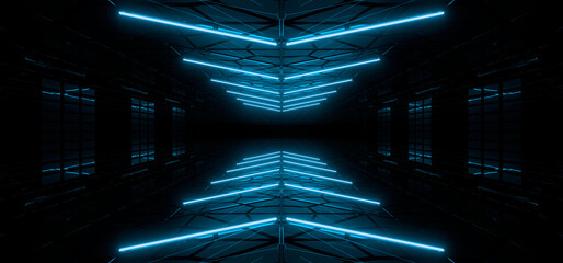 Wall Mural - sci fy neon lamps in a dark corridor. reflections on the floor and walls. 3d rendering image.