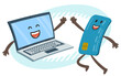 Cartoon Laptop Character and Credit Card Character giving high-five. Electronic payments.