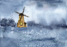 Watercolor Illustration Of A Windmill On A Gray-blue Meadow With A Fence And A Strip Of Trees On The Horizon