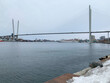 Vladivostok. Golden Bridge - cable-stayed bridge across the Golden Horn Bay in cloudy weather near the Tsarevich Embankment