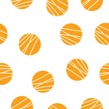 Seamless Pattern Vector With Polka Dots. Yellow Circles On White Background. Cute Simple Abstract Geometric Art. For Wrapping Paper, Cover, Baby Stuff, Textile, Wallpaper And Interior Decoration.