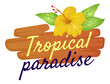 Tropical paradise logo. Hibiscus flower on wooden sign
