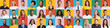 Various people showing positive emotions on colorful backgrounds, set