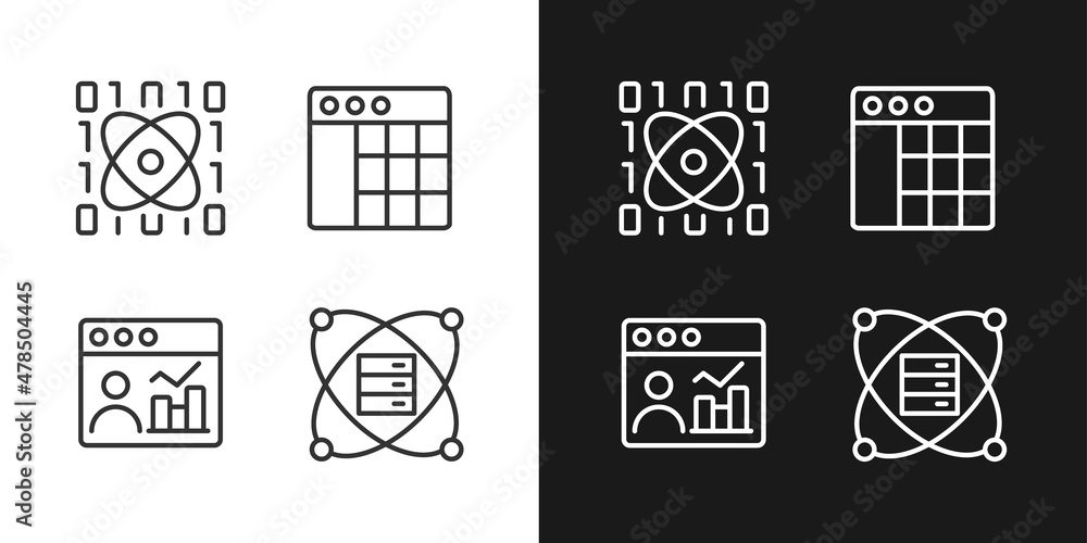 Science data mining linear pixel perfect icons set for dark and light ...