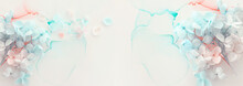 Creative Image Of Pastel Blue And Pink Hydrangea Flowers On Artistic Ink Background. Top View With Copy Space