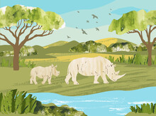 Africa. Savanna Landscape With Rhinoceroses. Reserves And National Parks Outdoor. Hand Draw Vector Illustration With Animals, Birds, Grass, Bushes And Lake