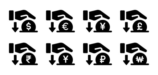 Sticker - Saving money icon set. Hand putting dollar, euro, yen, pound, rupee, yuan, ruble, coin and won coin for deposit symbol.