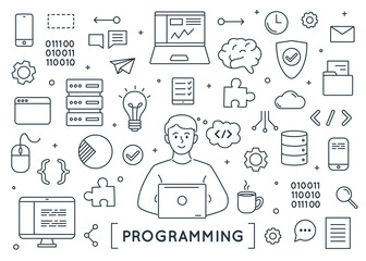 Programming doodle elements set isolated.