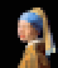 Abstract Female Portrait Drawing In Pixel Art, Stylization Of Painting Girl With A Pearl Earring, Jan Vermeer. Fashion Concept, Woman Beauty Minimalist, Vector Illustration