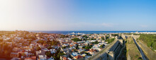 Beautiful Summer Panorama Of The Old City Of Rhodes Island At Sunset, Greece. Mandraki Port