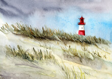 Watercolor Illustration Of A Sandy Shore Overgrown With Dry Tall Grass With A Red Lighthouse And Blue Sky In The Background