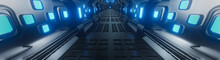 Modern Futuristic Sci Fi Space Station. Metal Floor And Light Panel. Blue Neon Glowing Lights. Interior Design Dark Background. Spaceship Interior Architecture Corridor. Cyberpunk Design. 3d Rendering