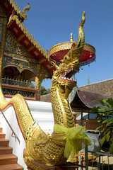 Wall Mural - Ancient golden serpent statue in front of the stairs of a Thai temple