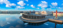 Saint Petersburg Winter. Russia Panorama. Spit Of Vasilievsky Island In Saint Petersburg. Sights Of Russian City. Rostral Columns. Panorama Of St. Petersburg With Blue Sky. Museum Of Russia.