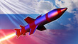 Missile weapons of Russia. Super high-speed air missiles concept. Rocket with fire on background of Russian flag. Anti-missile weapons of Russian Federation. Russian ballistic rocket tests