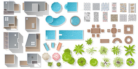 Wall Mural - architectural and landscape elements top view. kit for landscape, cityscape design. objects for proj