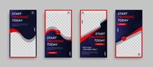Fitness Set Of Editable Minimal Square Banner Template. Blue Red  Background Color With Geometric Shapes For Social Media Post, Story And Web Internet Ads. Vector Illustration