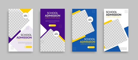 School admissions Set of Editable minimal square banner template. Blue yellow white background color with geometric shapes for social media post, story and web internet ads. Vector illustration