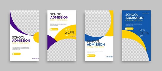 School admissions Set of Editable minimal square banner template. Blue yellow white background color with geometric shapes for social media post, story and web internet ads. Vector illustration