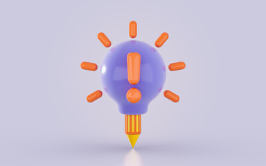 Wall Mural - creative pencil with attached lightbulb exclamation icon on a minimal background 3d render concept