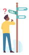 Man looking at signpost. Choosing right way concept